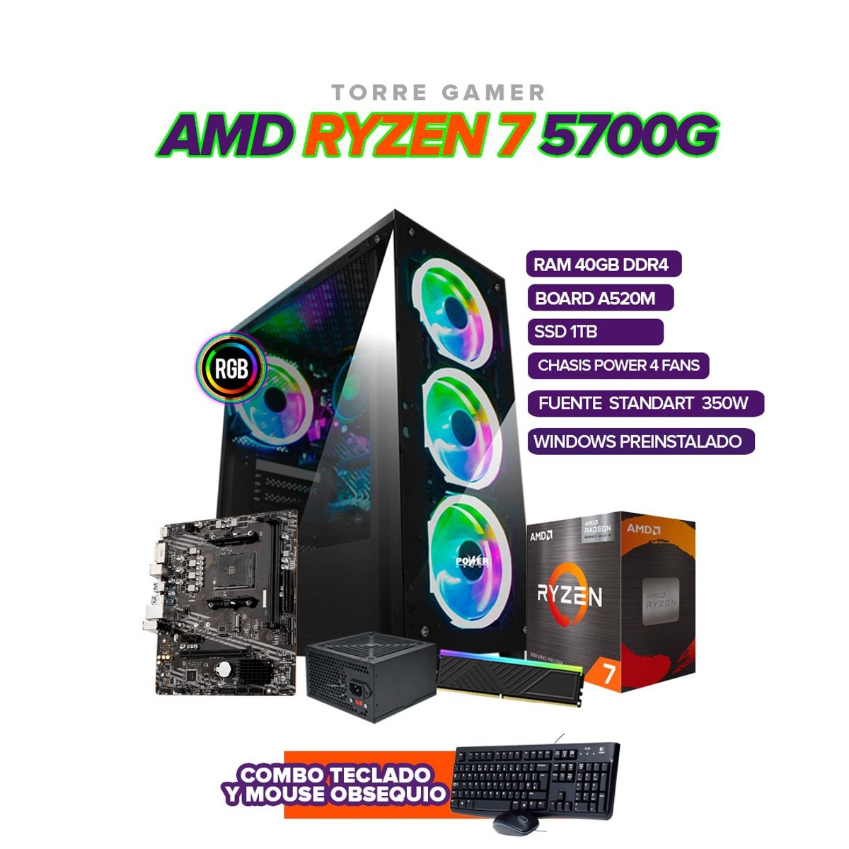 AMD - TORRE GAMER RYZEN 7 5700G/ 40GB RAM /1TB SSD/ A520M/CHASIS 4FAN