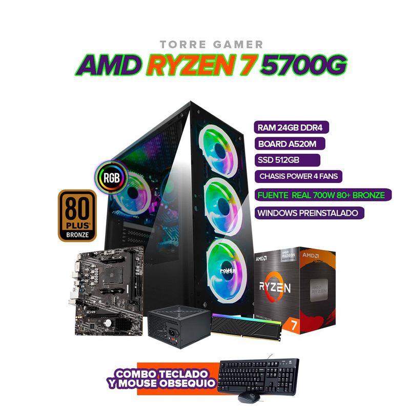 AMD - TORRE GAMER RYZEN 7 5700G / RAM 24GB / 512GB SSD / CHASIS 4 FANS / 700W 80+