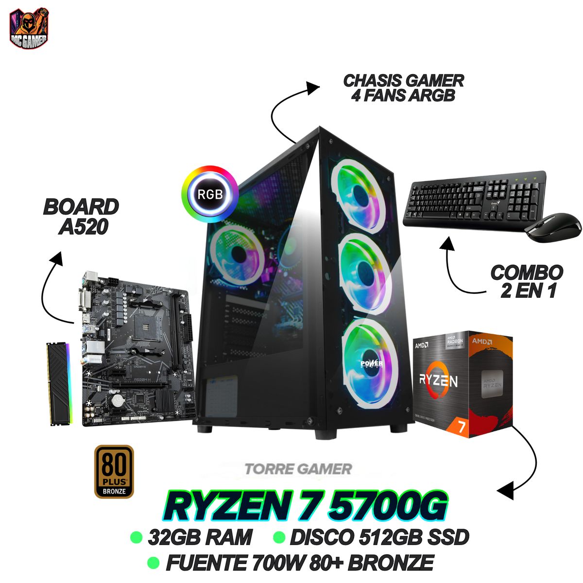 AMD - TORRE GAMING - RYZEN 7 5700G - RAM 32GB - 512GB SSD - FUENTE 700W 80 PLUS - 4 FANS