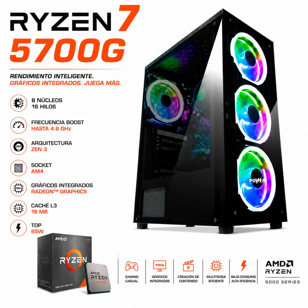 AMD - TORRE GAMING - RYZEN 7 5700G - RAM 32GB - 512GB SSD - FUENTE 700W 80 PLUS - 4 FANS