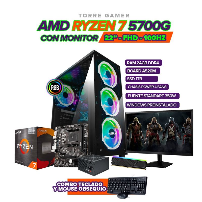 AMD - TORRE GAMER RYZEN 7 5700G/ 24GB RAM /1TB SSD/ A520M/ MONITOR 22"/CHASIS 4FAN