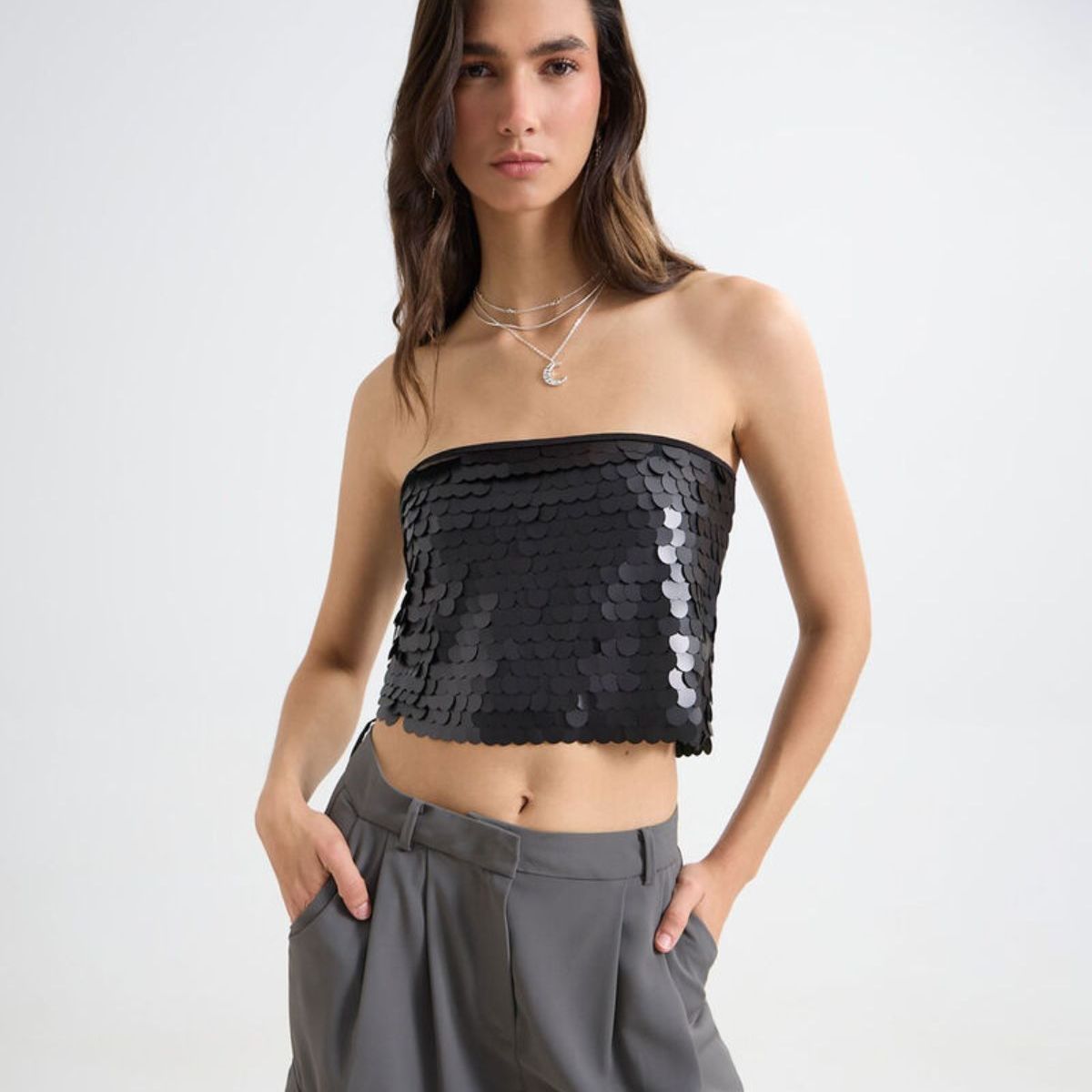 SEVEN SEVEN - Blusa Strapless Con Lentejuelas  Para Mujer Negro Seven Seven