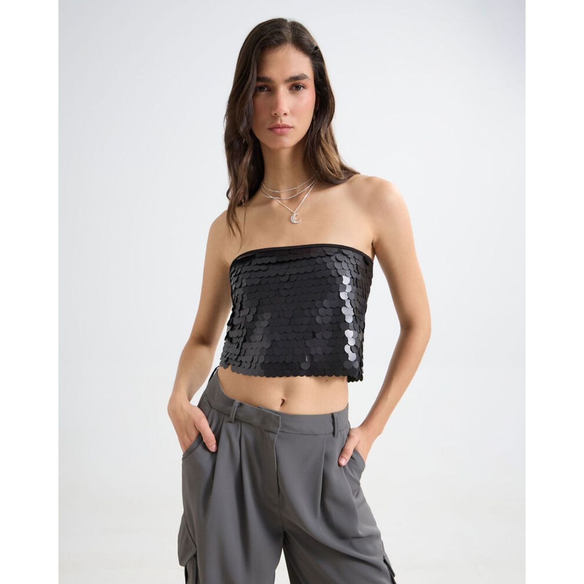 SEVEN SEVEN - Blusa Strapless Con Lentejuelas  Para Mujer Negro Seven Seven