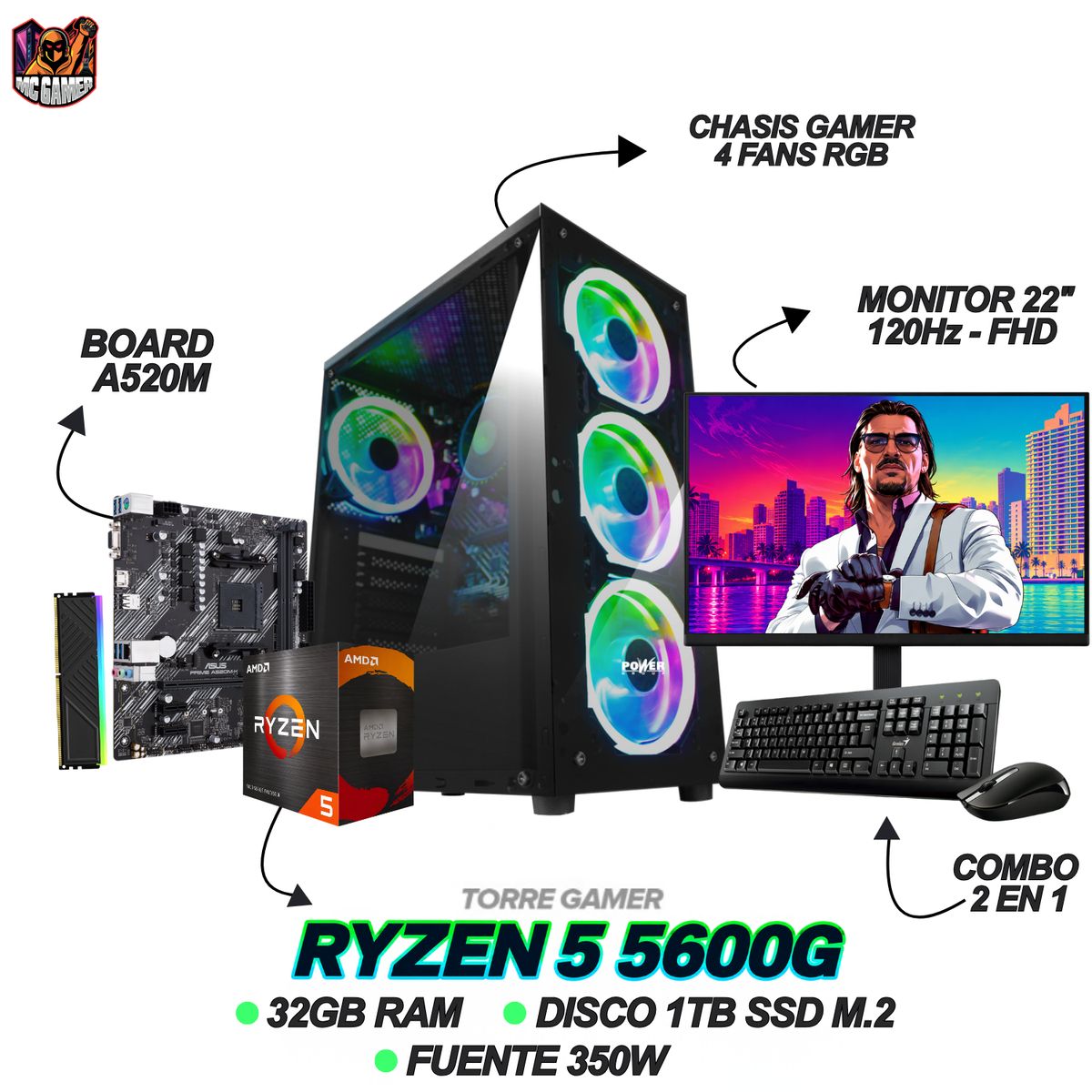 AMD - PC GAMER | RYZEN 5 5600GT | RAM 32GB | SSD 1TB M.2 | MONITOR 22" 120Hz | IDEAL PARA GAMING