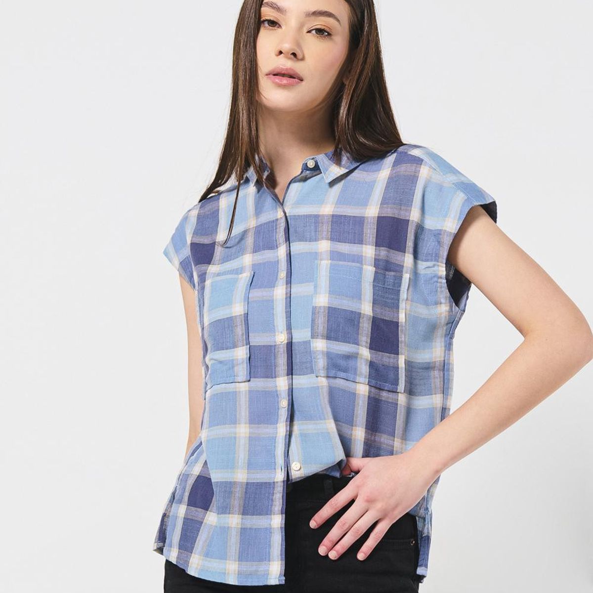 KOAJ - KOAJ Blusa a cuadros unicolor con hombro rodado y manga cort Mujer