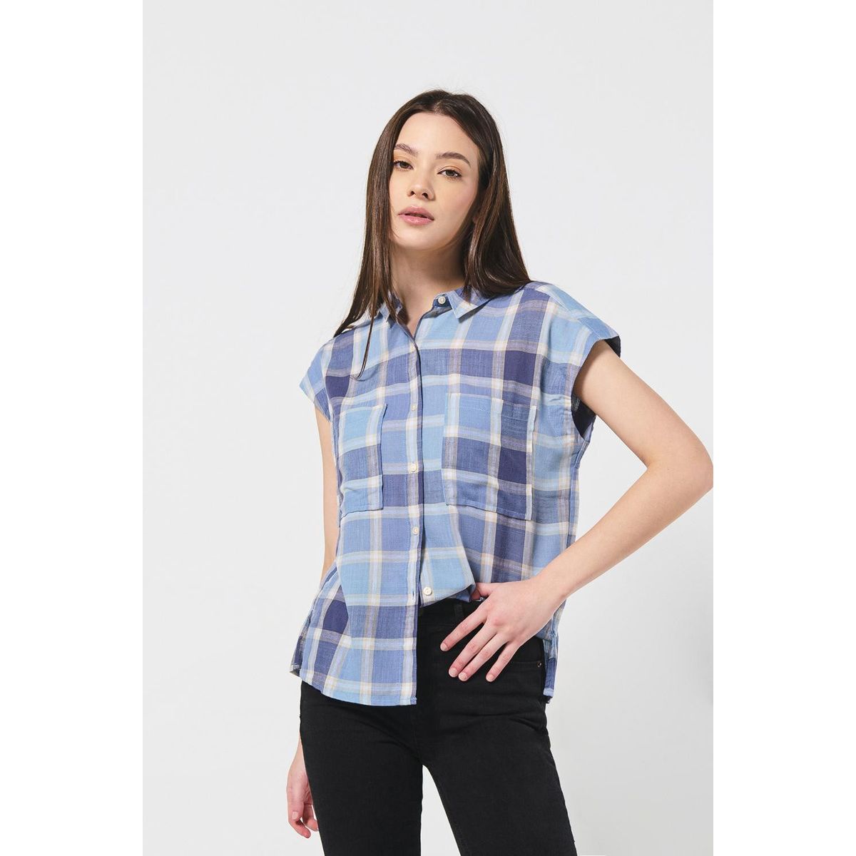 KOAJ - KOAJ Blusa a cuadros unicolor con hombro rodado y manga cort Mujer