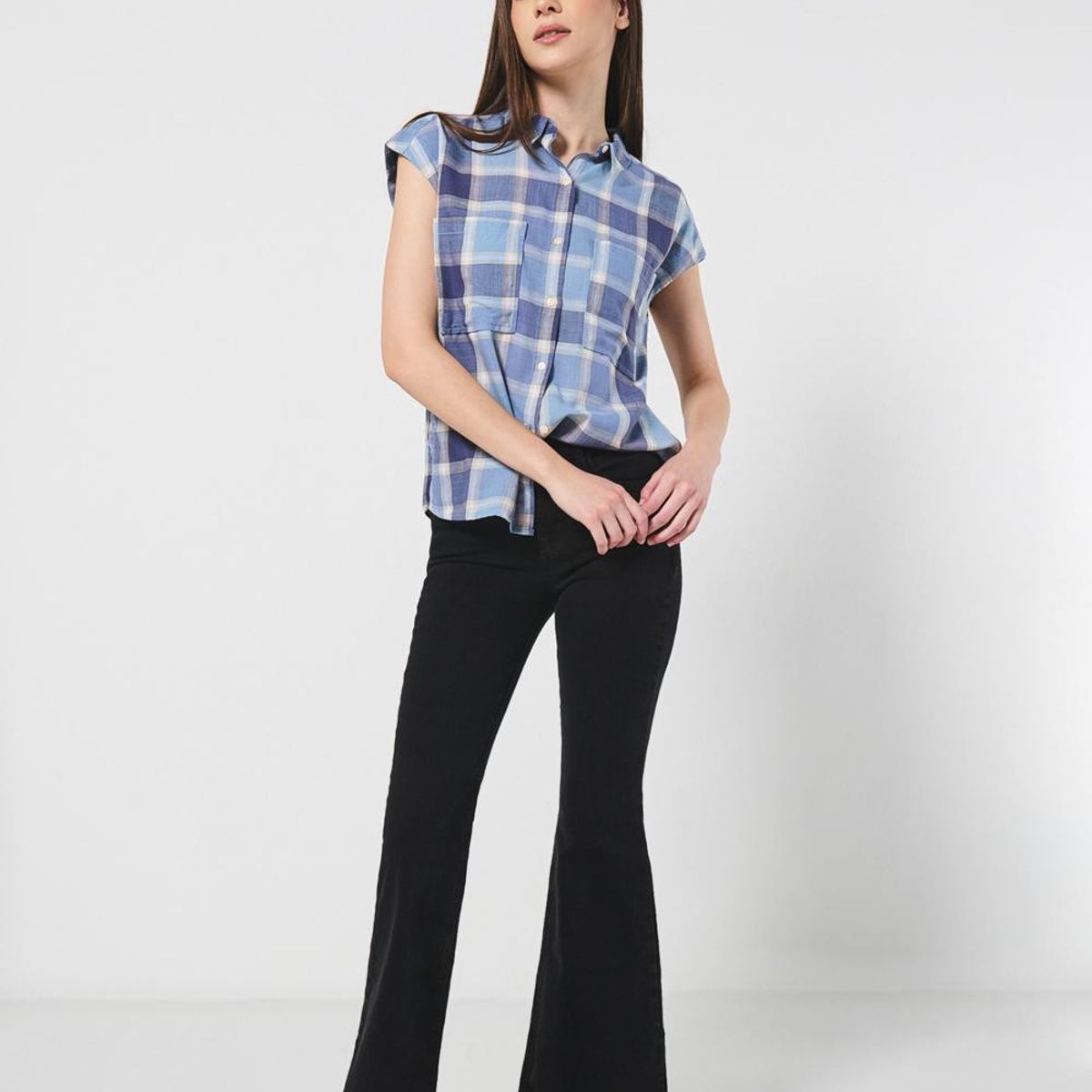 KOAJ - KOAJ Blusa a cuadros unicolor con hombro rodado y manga cort Mujer