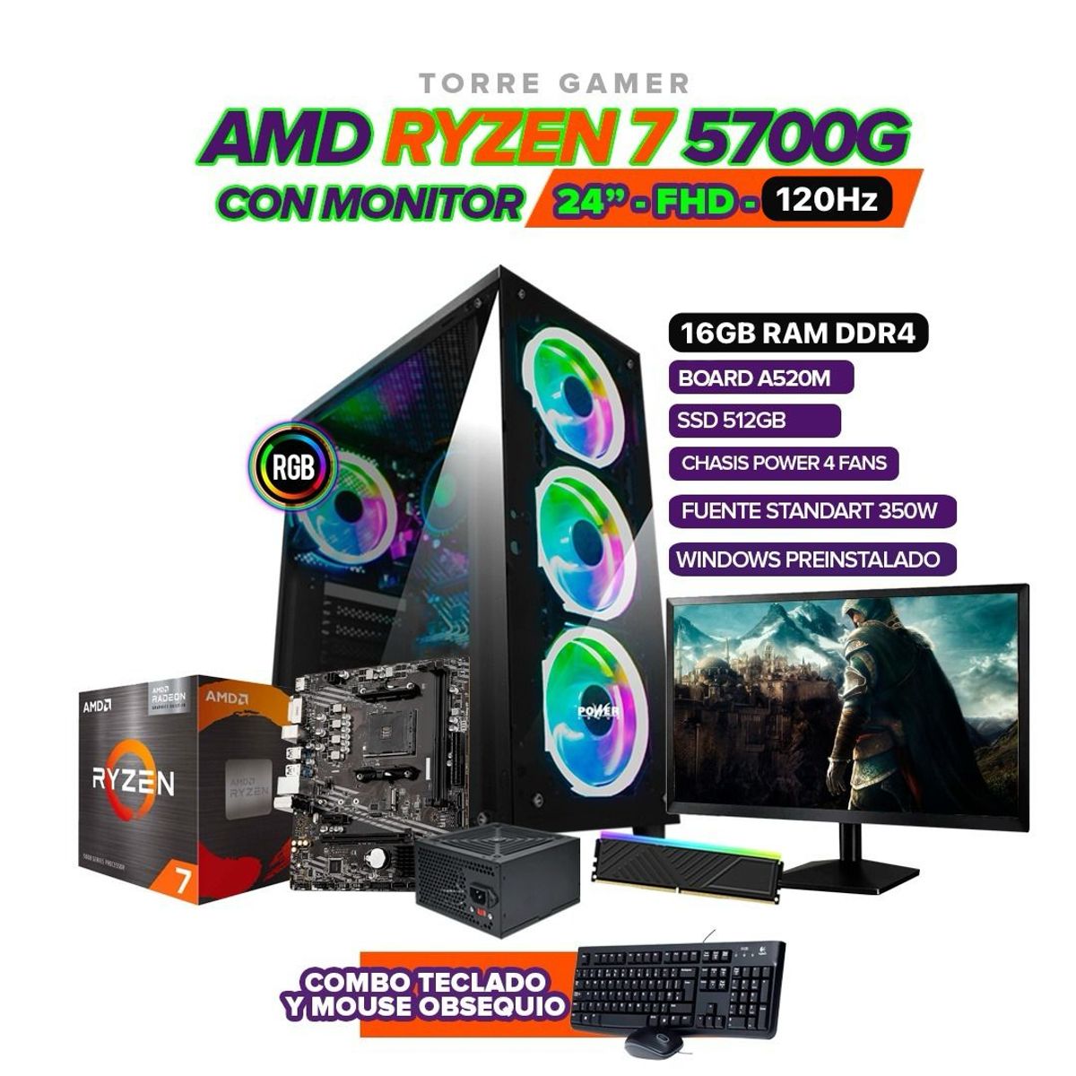 AMD - TORRE GAMER RYZEN 7 5700G / 16GB RAM / SSD 512GB / A520M / 4 FANS RGB / MONITOR 24" FHD 120HZ