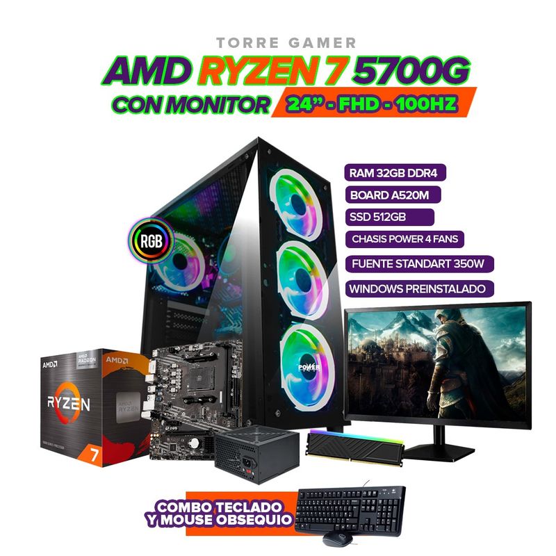 AMD - TORRE GAMER RYZEN 7 5700G/ 32GB RAM /512GB SSD/ A520M/ MONITOR 24"/CHASIS 4FAN