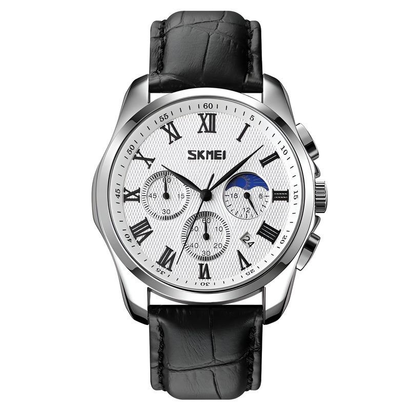SKMEI - Skmei Reloj con Pulso de Cuero Negro Casual Elegante Cronógrafos Fecha