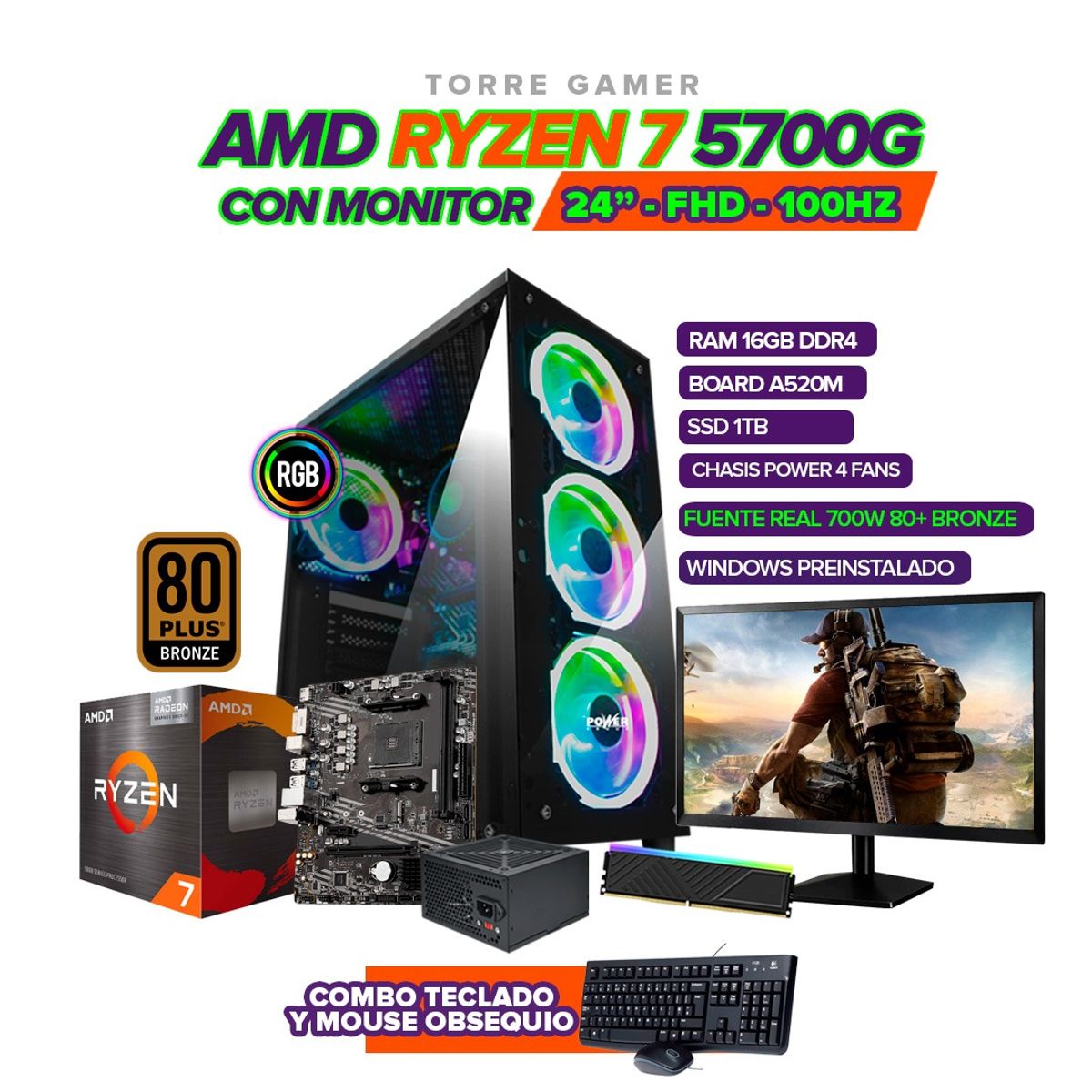 AMD - PC Gamer Ryzen  7 5700G / RAM 16GB / SSD 1TB / A520 / 700W BRZ / Monitor 24" FHD