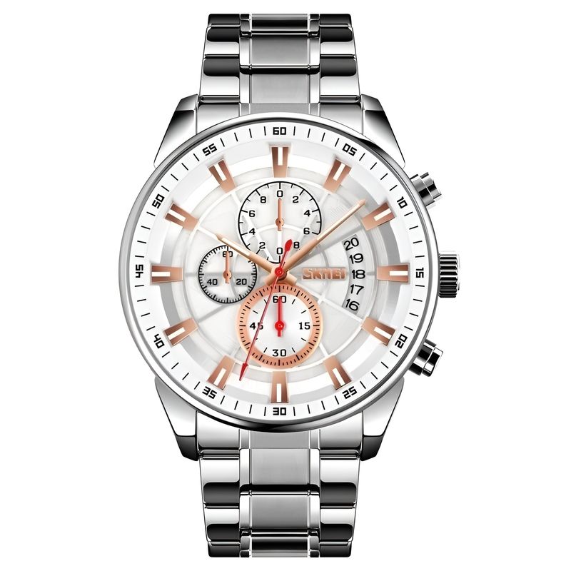 SKMEI - Reloj Hombre Marca Skmei Multifunción Cronógrafos Calendario Plateado