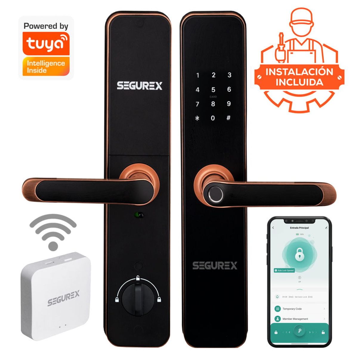 SEGUREX - Cerradura Inteligente H7B Cobre + WiFi + Instalación Tuya Smart