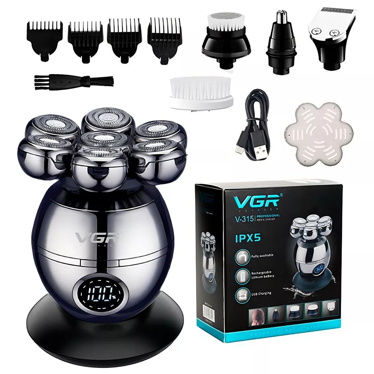 VGR - Kit 5en1 Cortadora Pelo Shaver Nariz Masajeador Vgr V-315 Color Plata