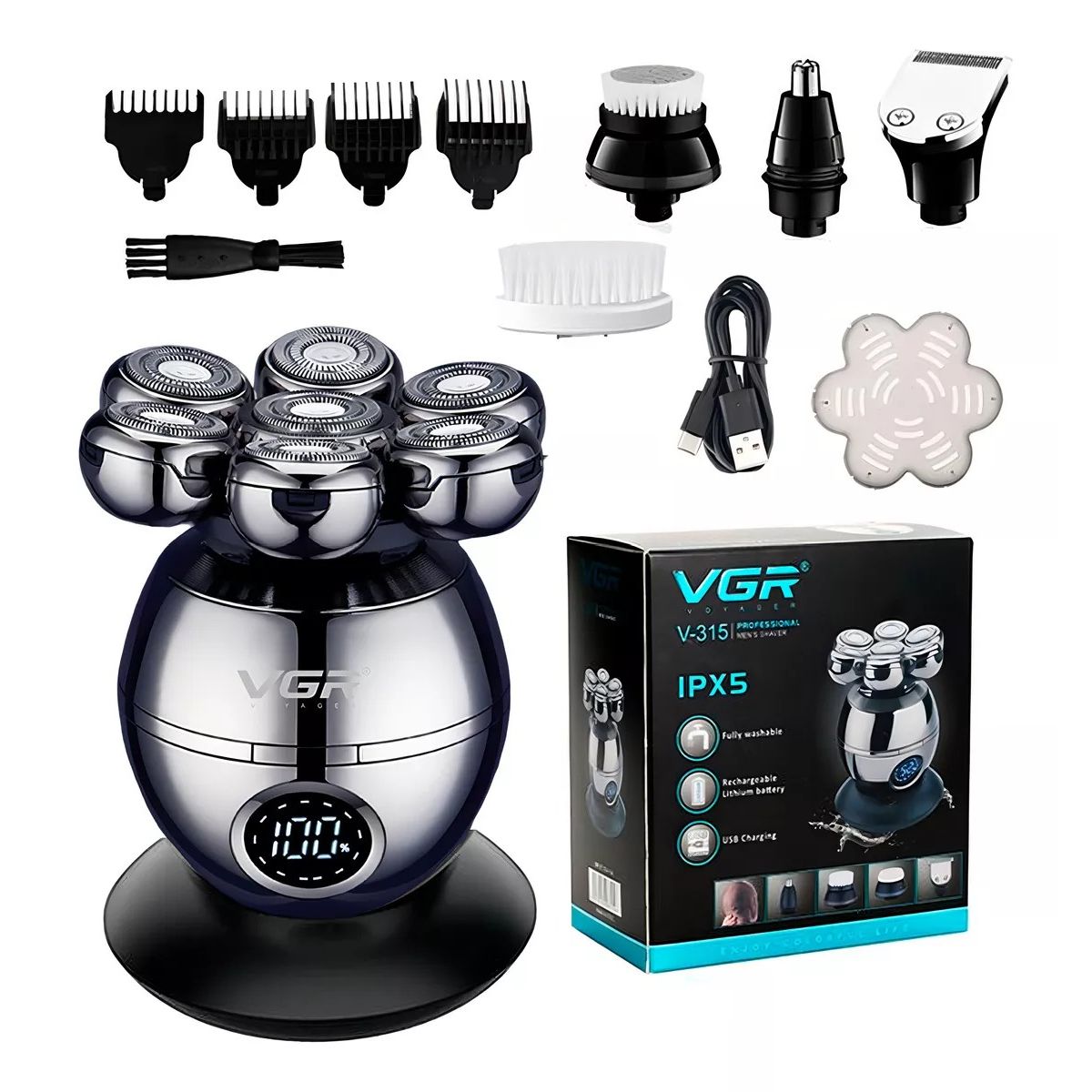 VGR - Kit 5en1 Cortadora Pelo Shaver Nariz Masajeador Vgr V-315 Color Plata