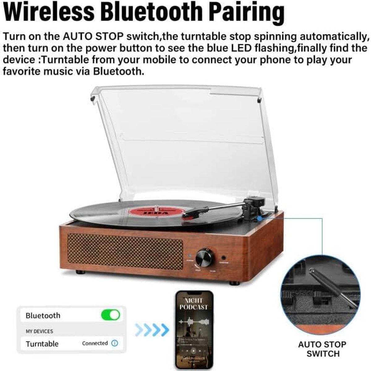 GENERICO - Tocadiscos de Vinilo Vintage Con Altavoces 3 Velocidades y Bluetooth