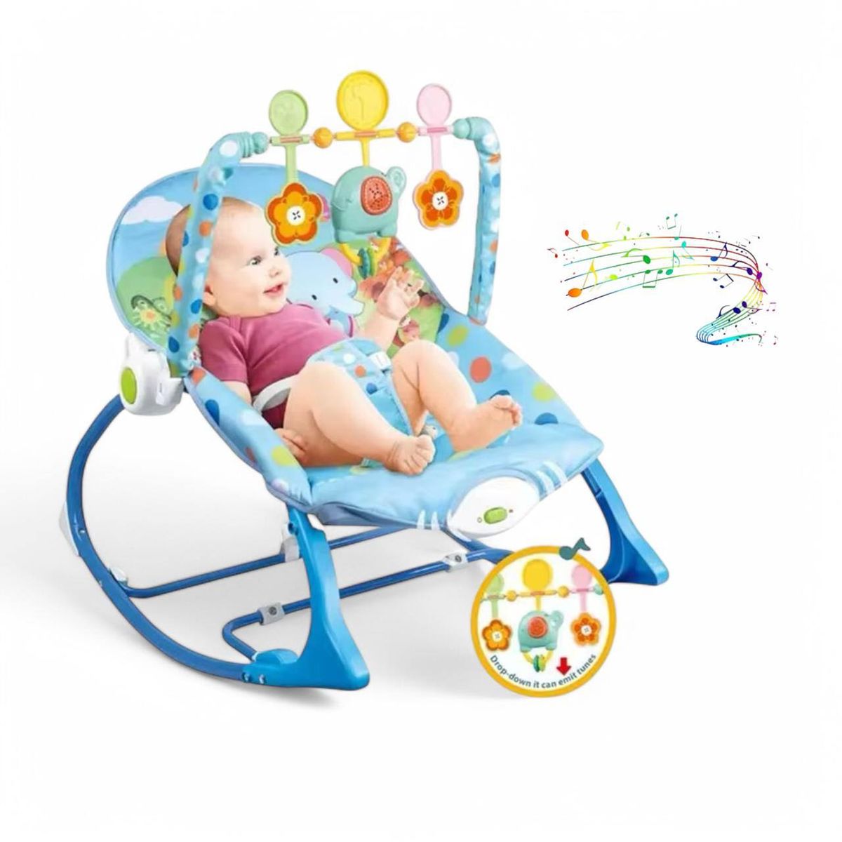 BRITOCHET - Silla Mecedora Bebé Musical REF 68129 Celeste Elefante