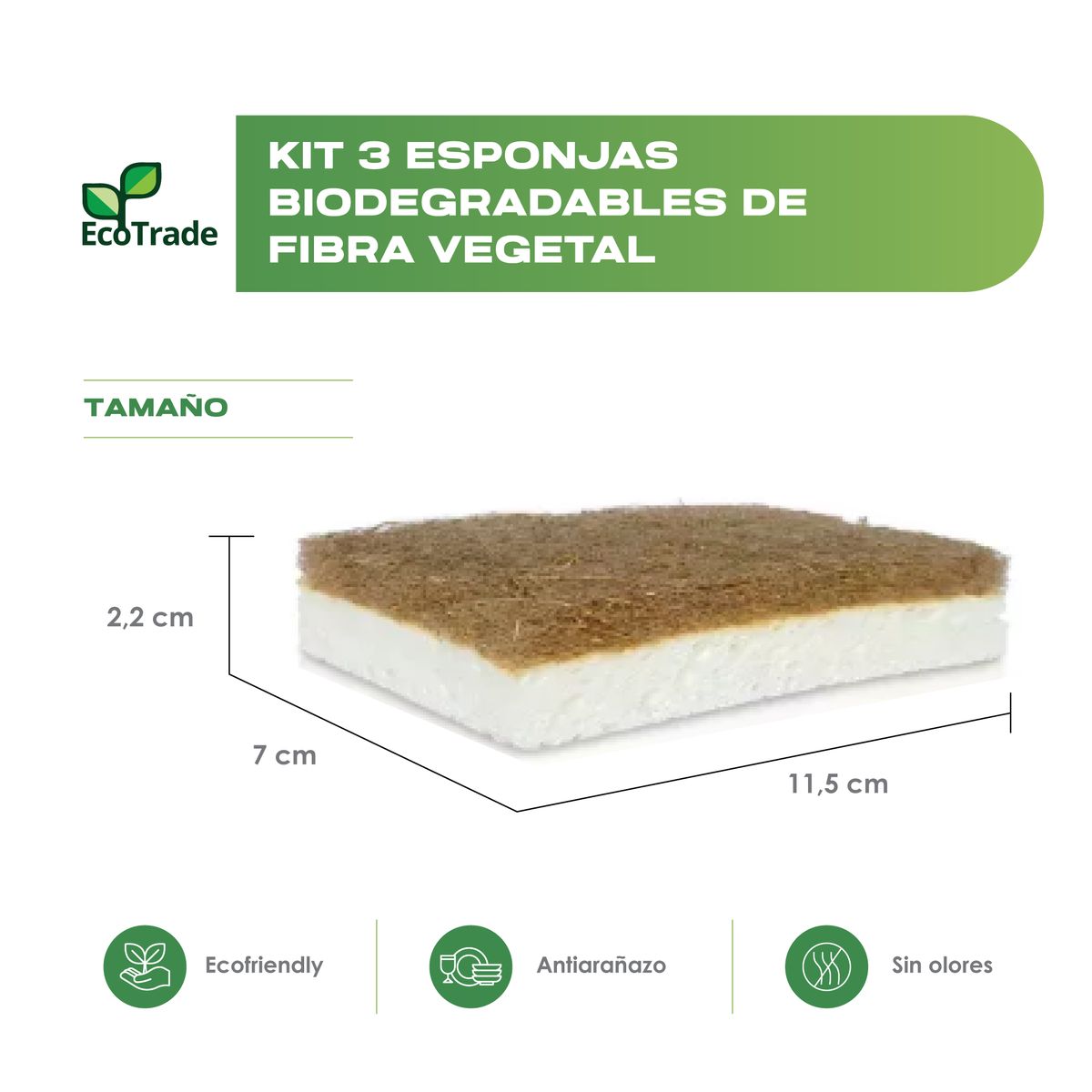 ECOTRADE - Pack de 3 Esponja Biodegradable Fibra de Vegetales Multiusos