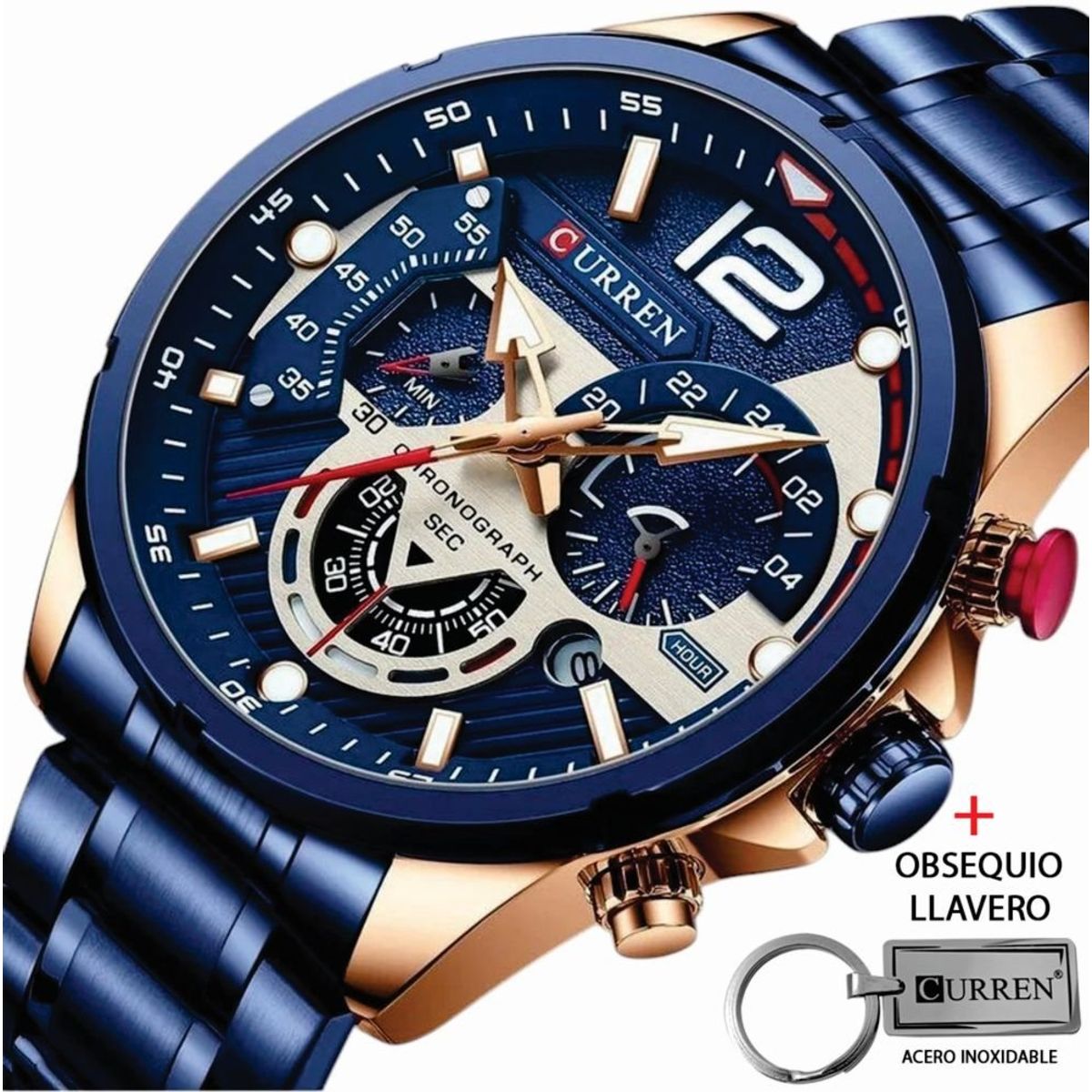 CURREN - Reloj Curren Acero Inoxidable Cronógrafos 8395 Mas Llavero Grabado