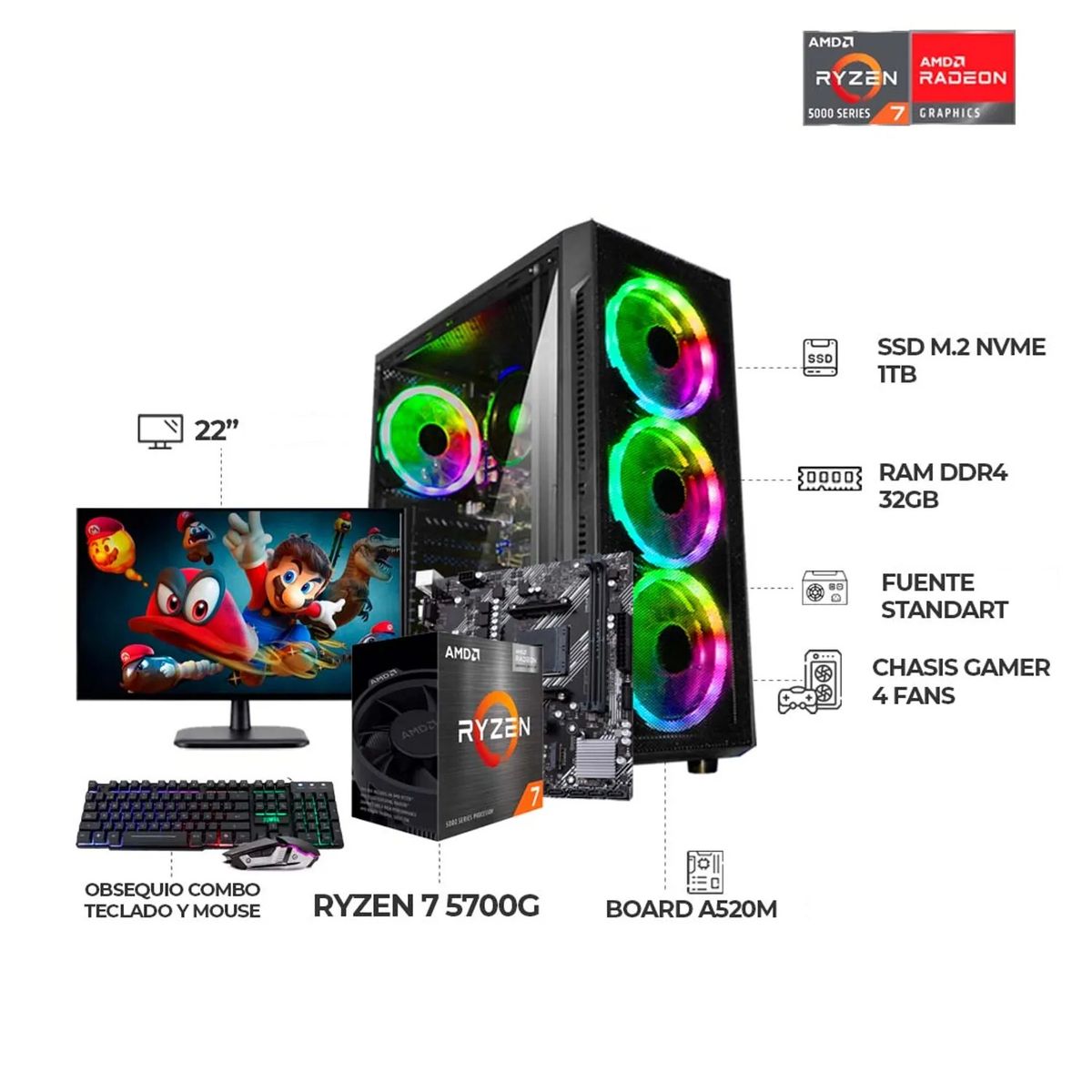 AMD - COMPUTADOR GAMER 7 5700G+ MONITOR 22 FHD+ RAM 32GB+ SSD 1TB+ MOUSE Y TECLADO RGB