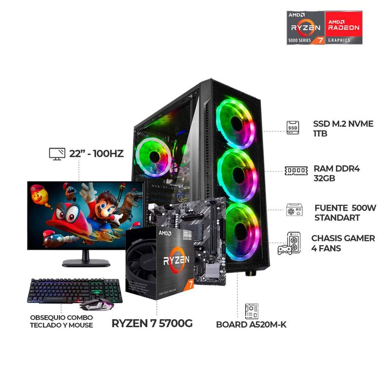 AMD - PC GAMER AMD RYZEN 7 5700G/ RAM 32GB/ SSD 1TB M.2/ MONITOR 22" FHD 100HZ + COMBO