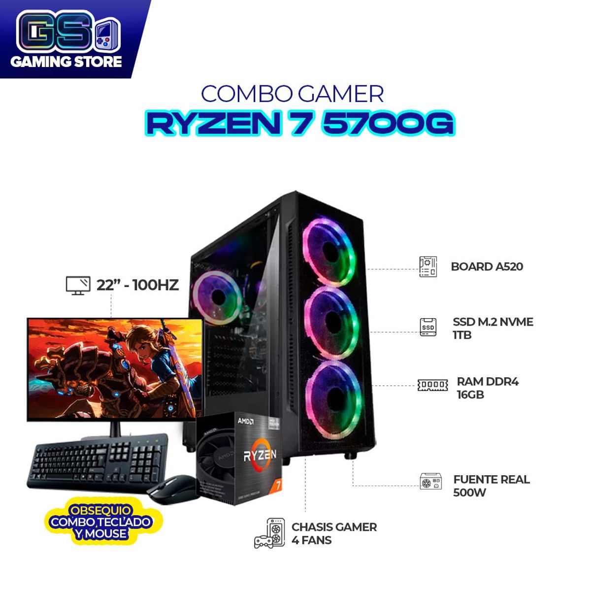 AMD - PC GAMER AMD RYZEN 7 5700G/ RAM 16GB/ SS 1TB M.2/ MONITOR 22" FHD 100HZ + COMBO