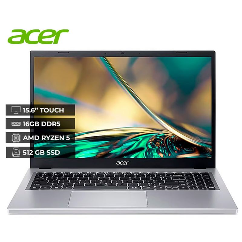 ACER - Portatil ACER A315-24PT-R2N3 AMD Ryzen 5 7520U SSD 512GB 16GB 15.6" FHD IPS Multi-Touch
