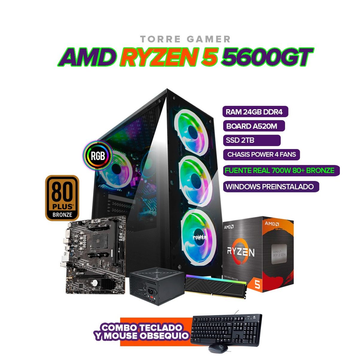 AMD - PC Gamer Ryzen 5 5600GT / RAM 24GB / SSD 2TB / CHASIS 4 FANS / 700W 80+ BRZ