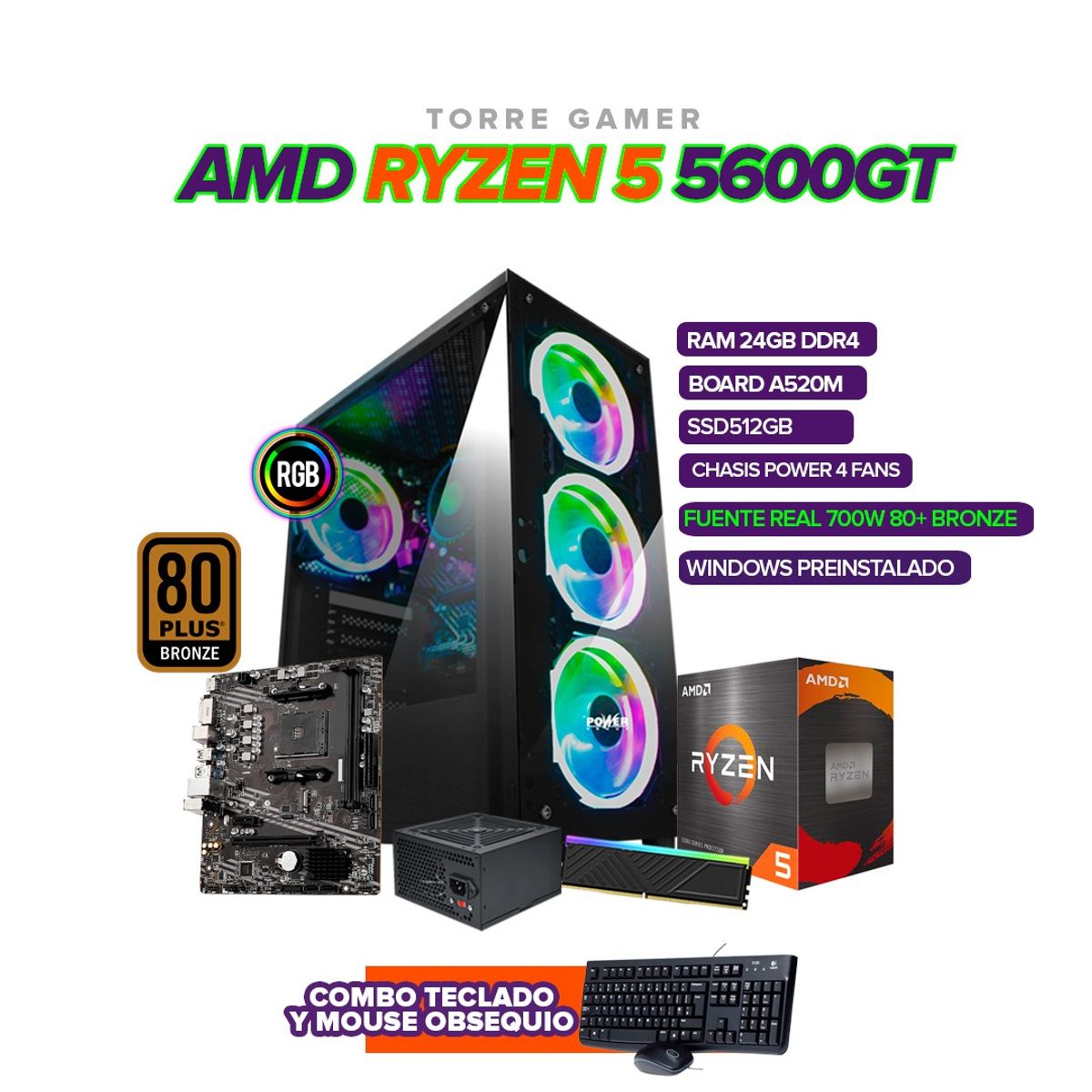 AMD - PC RYZEN 5 5600GT / RAM 24GB / SSD512GB / CHASIS 4 FANS / 700W 80+