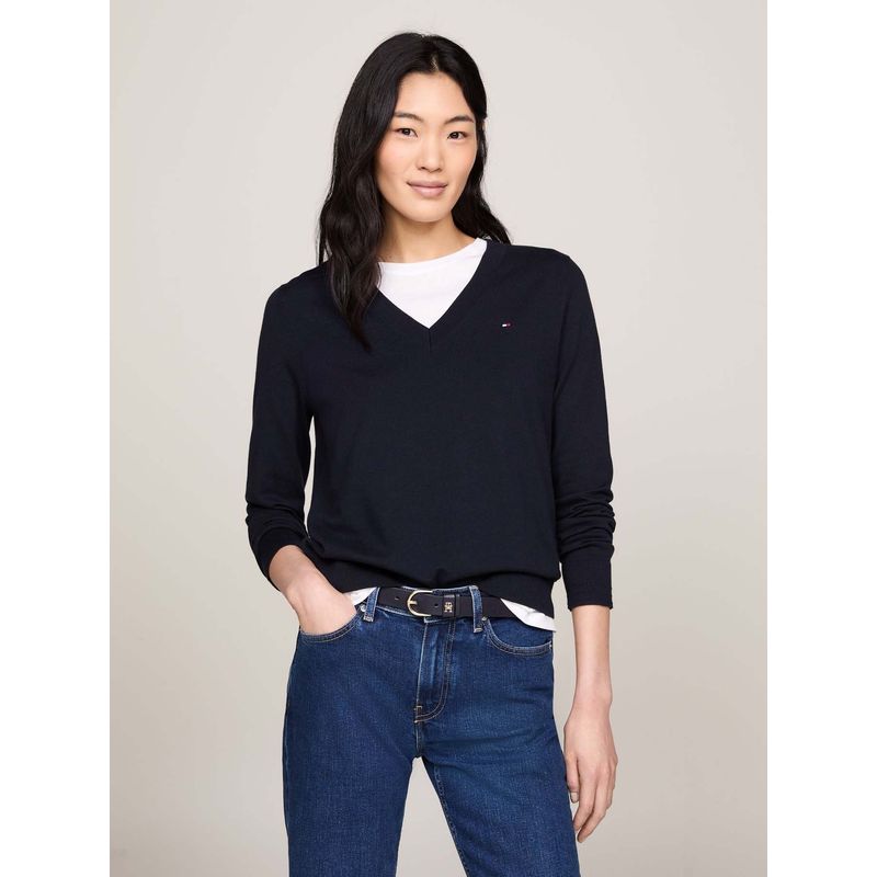 TOMMY HILFIGER - Suéter azul de cuello V con logo Tommy Hilfiger