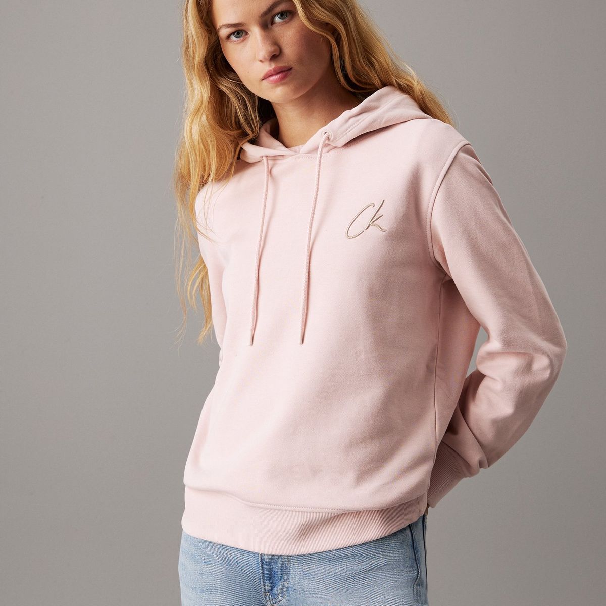 CALVIN KLEIN - Buzo rosado de felpa de algodón con capota y logo Calvin Klein