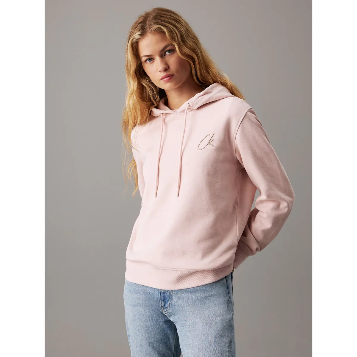 CALVIN KLEIN - Buzo rosado de felpa de algodón con capota y logo Calvin Klein