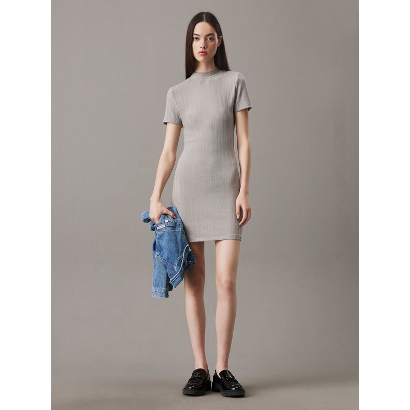 CALVIN KLEIN - Vestido Gris Corto Slim De Canalé Texturizado Calvin Klein