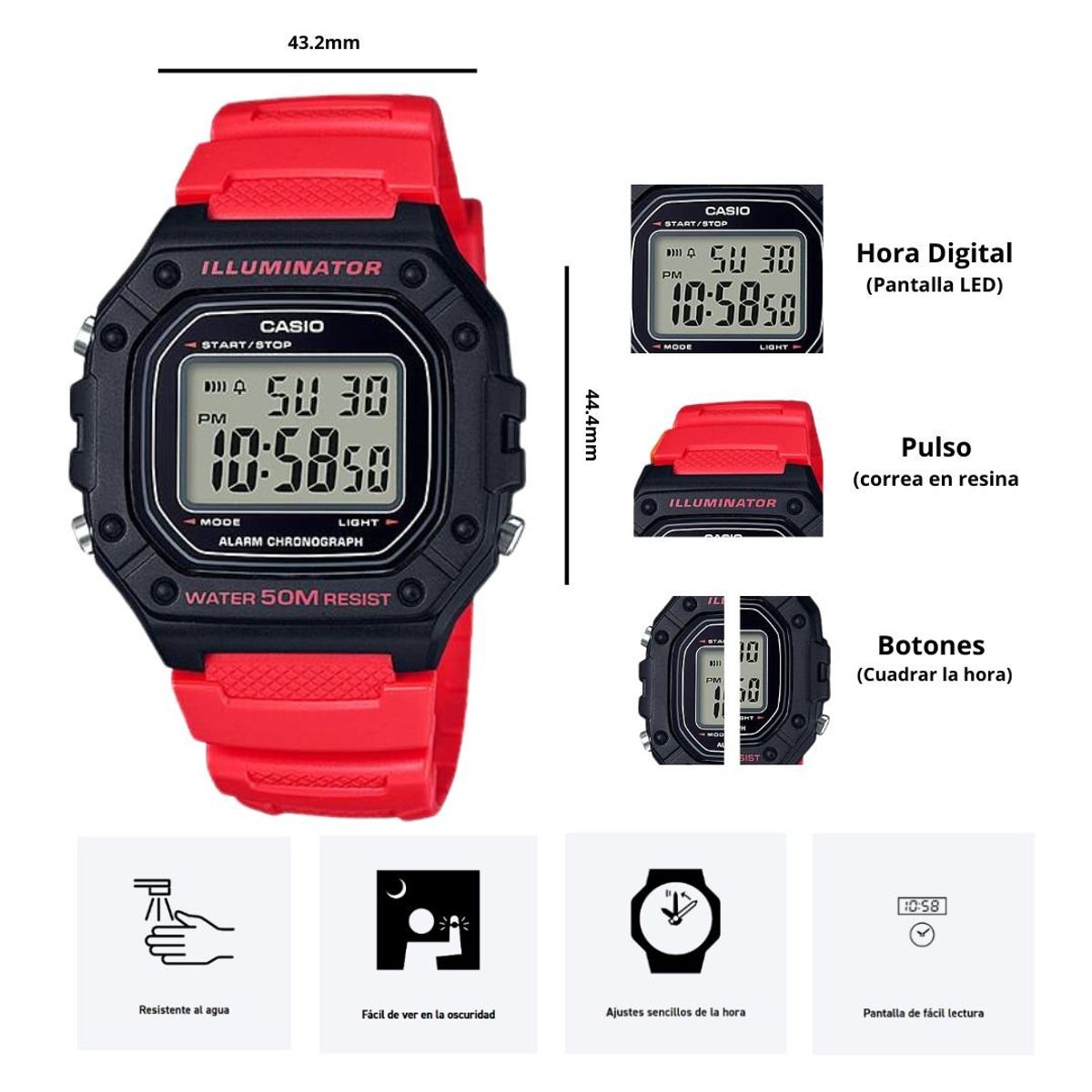 CASIO - Reloj Casio Modelo W-218H-4B  Diseño Deportivo