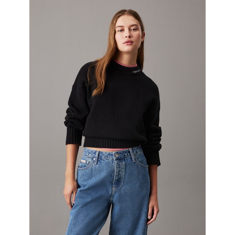 CALVIN KLEIN - Saco negro tejido de algodón y lana con logo en el cuello Calvin Klein