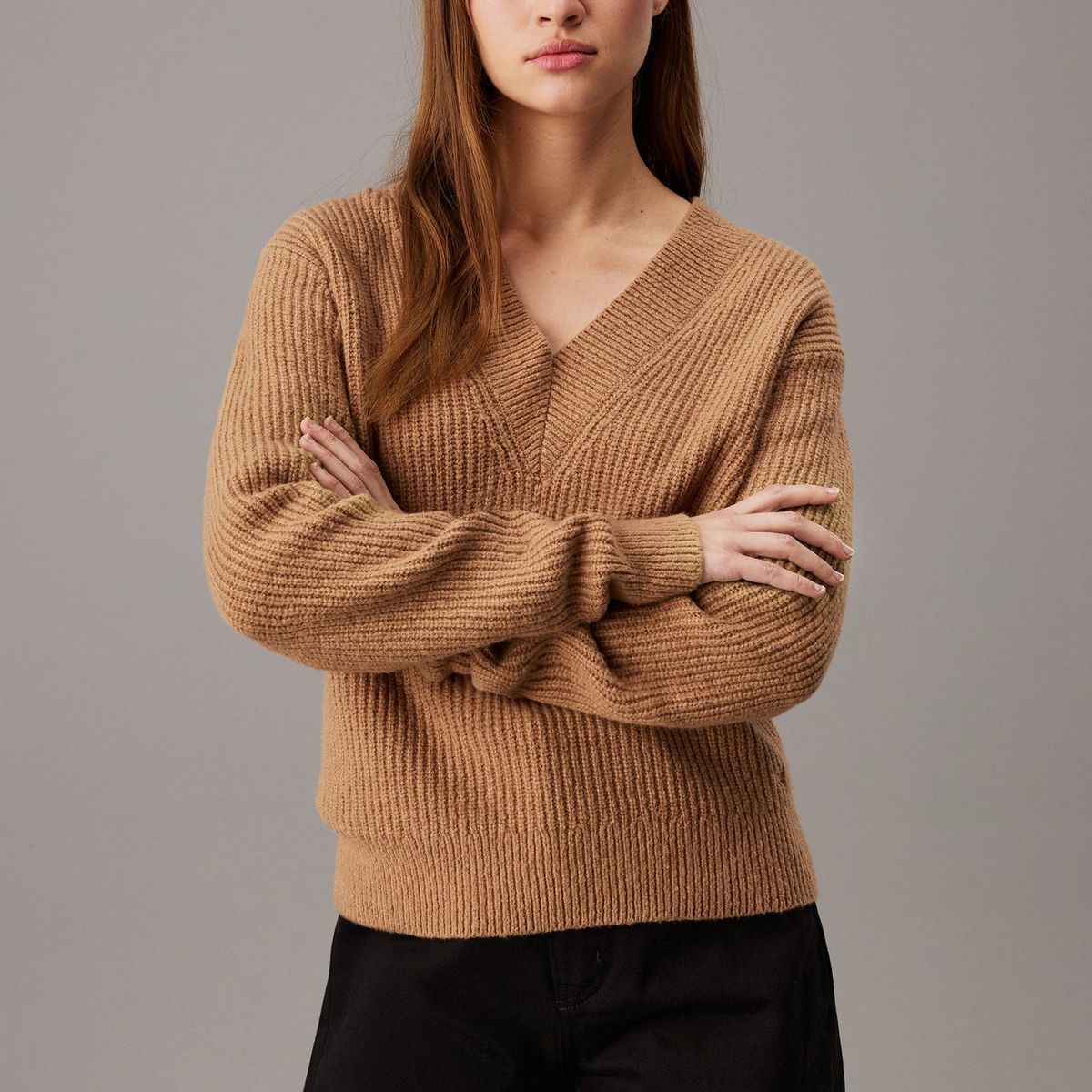 CALVIN KLEIN - Saco Café tejido de pico de buclé de canalé Calvin Klein