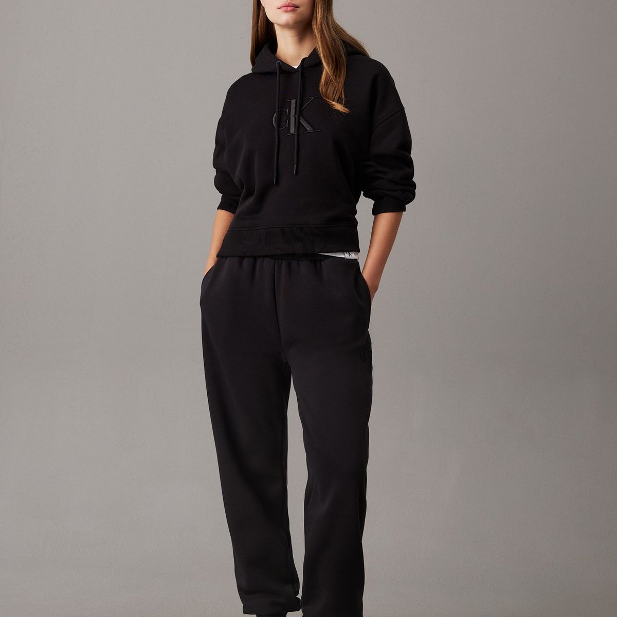 CALVIN KLEIN - Pantalón negro de chándal de felpa con monograma Calvin Klein