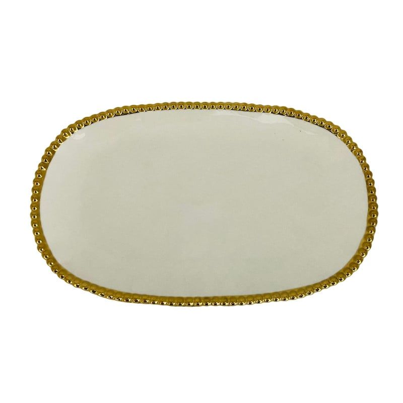GENERICO - Bandeja Decorativa 19x30cm Con Borde En Perlas Dorada