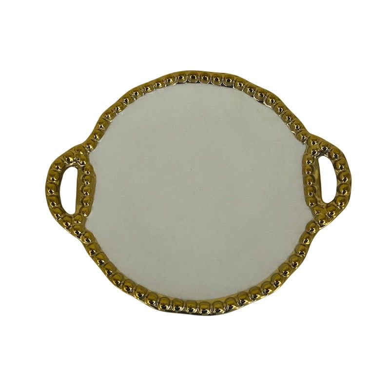 GENERICO - Bandeja Decorativa Redonda Con Agarre y Borde En Perlas 20cm Dorada