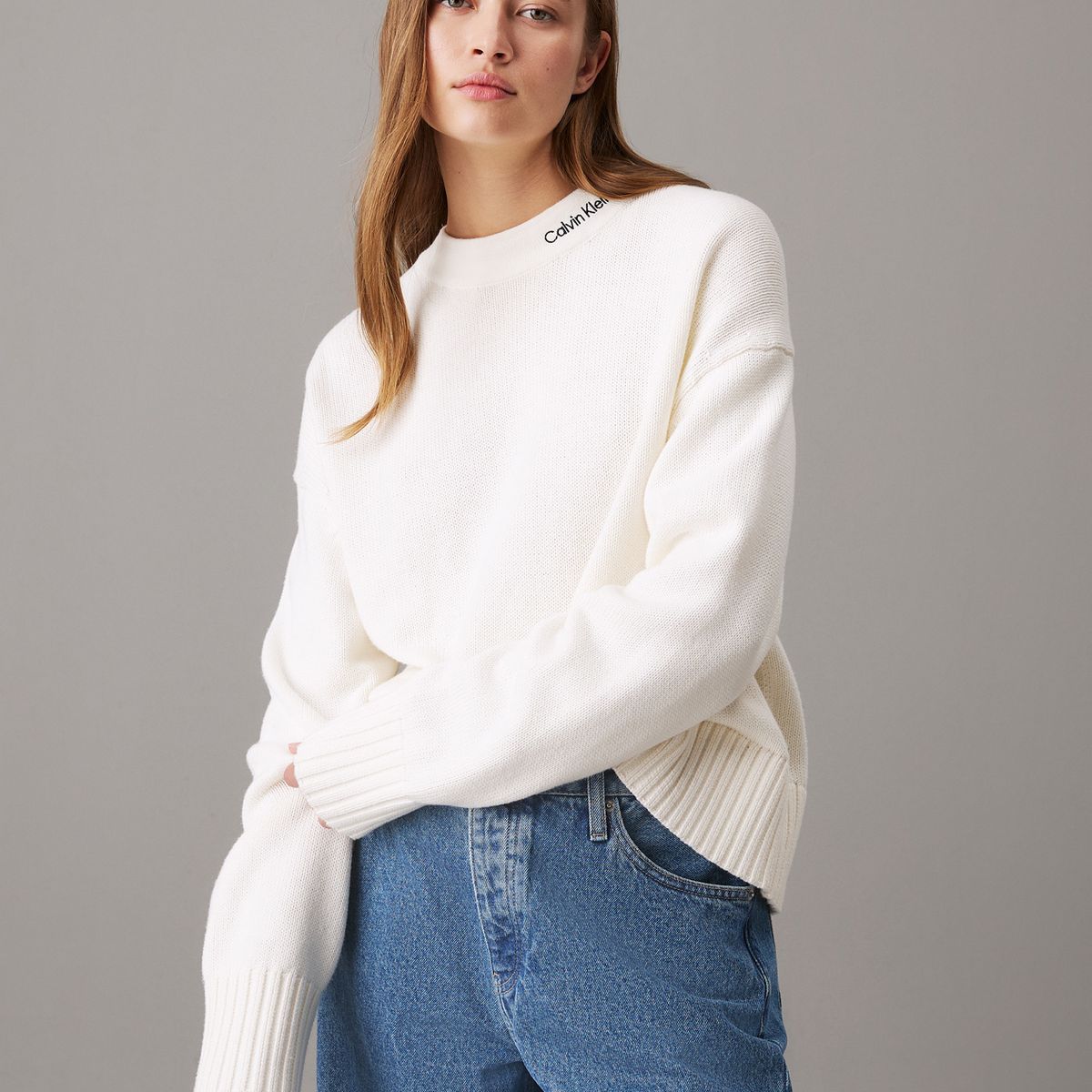 CALVIN KLEIN - Saco blanco tejido de algodón y lana con logo en el cuello Calvin Klein