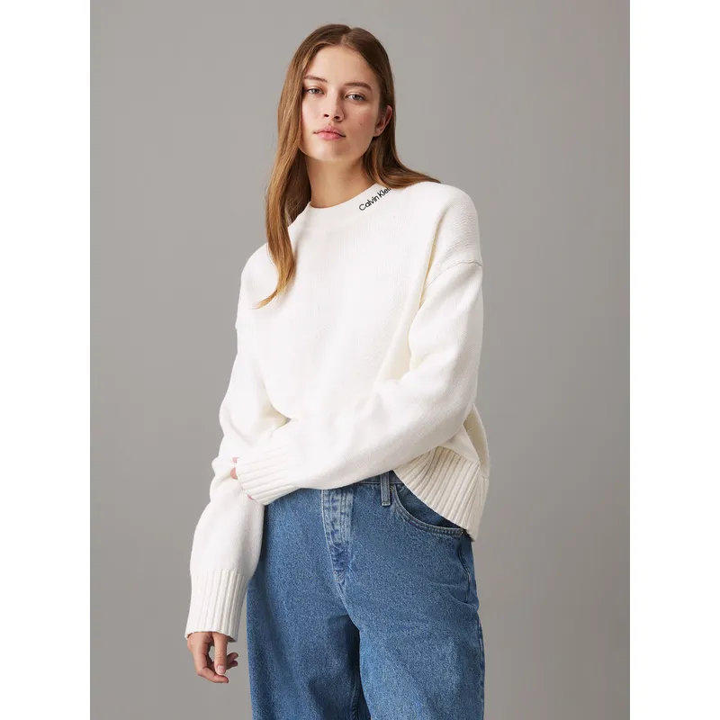 CALVIN KLEIN - Saco blanco tejido de algodón y lana con logo en el cuello Calvin Klein