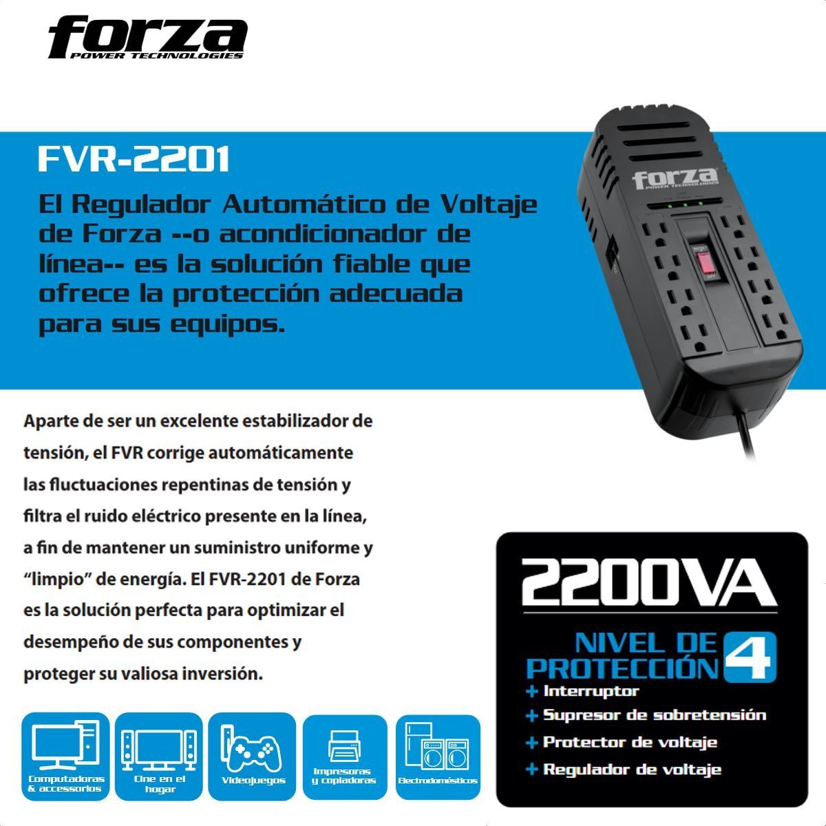 FORZA - Regulador De Voltaje Automático Forza 2200va/1100w - 8 Tomas FVR-2201