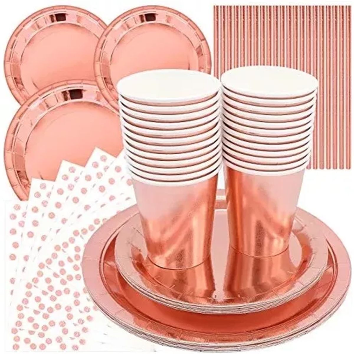 GENERICO - kit vasos y platos para 10 personas oro rosa fc