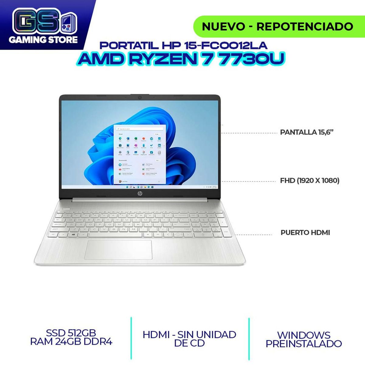 HP - PORTATIL HP 15-FC0012LA RYZEN 7 7730U 15,6" FHD / RAM 24GB DDR4 3200MHZ / SSD 512GB M.2