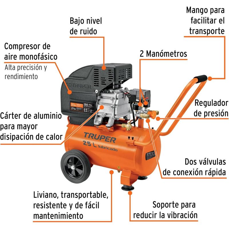 GENERICO - Compresor de aire, lubricado, horizontal 25L 3HP 127V Truper
