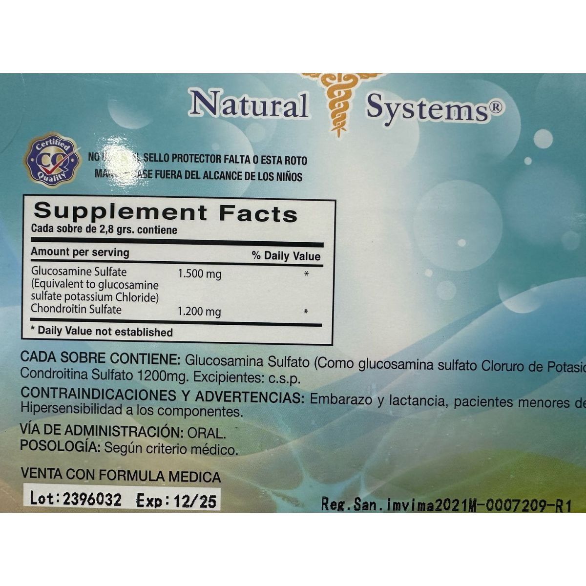 MILLENIUM NATURAL SYSTEMS - Glucosamina 1500mg + Condroitina 30 sobres Natural System