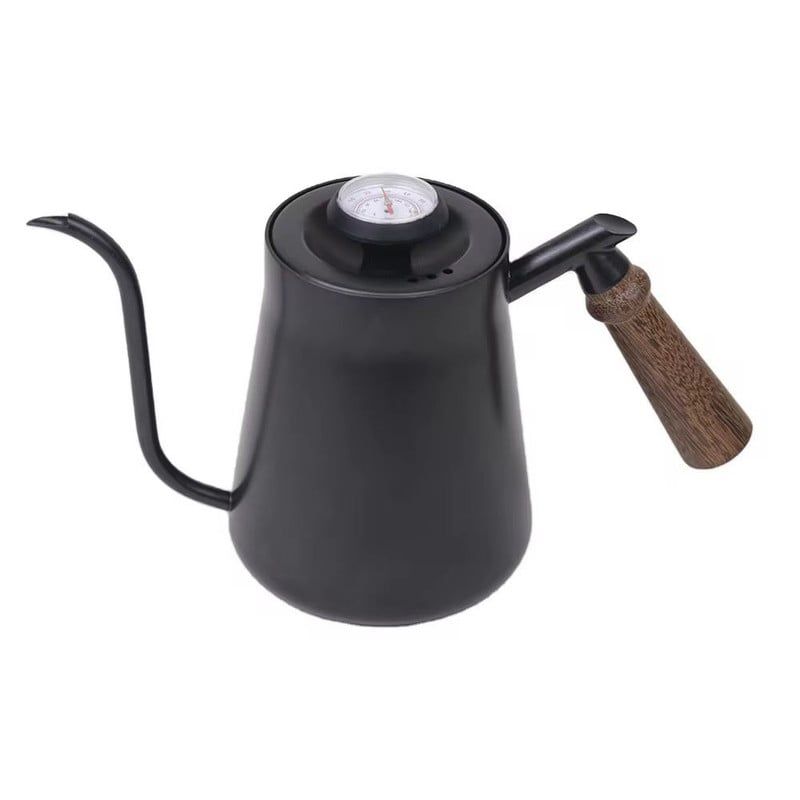 GENERICO - Tetera 650ml Para Café Con Termómetro Y Mango En Madera Negra