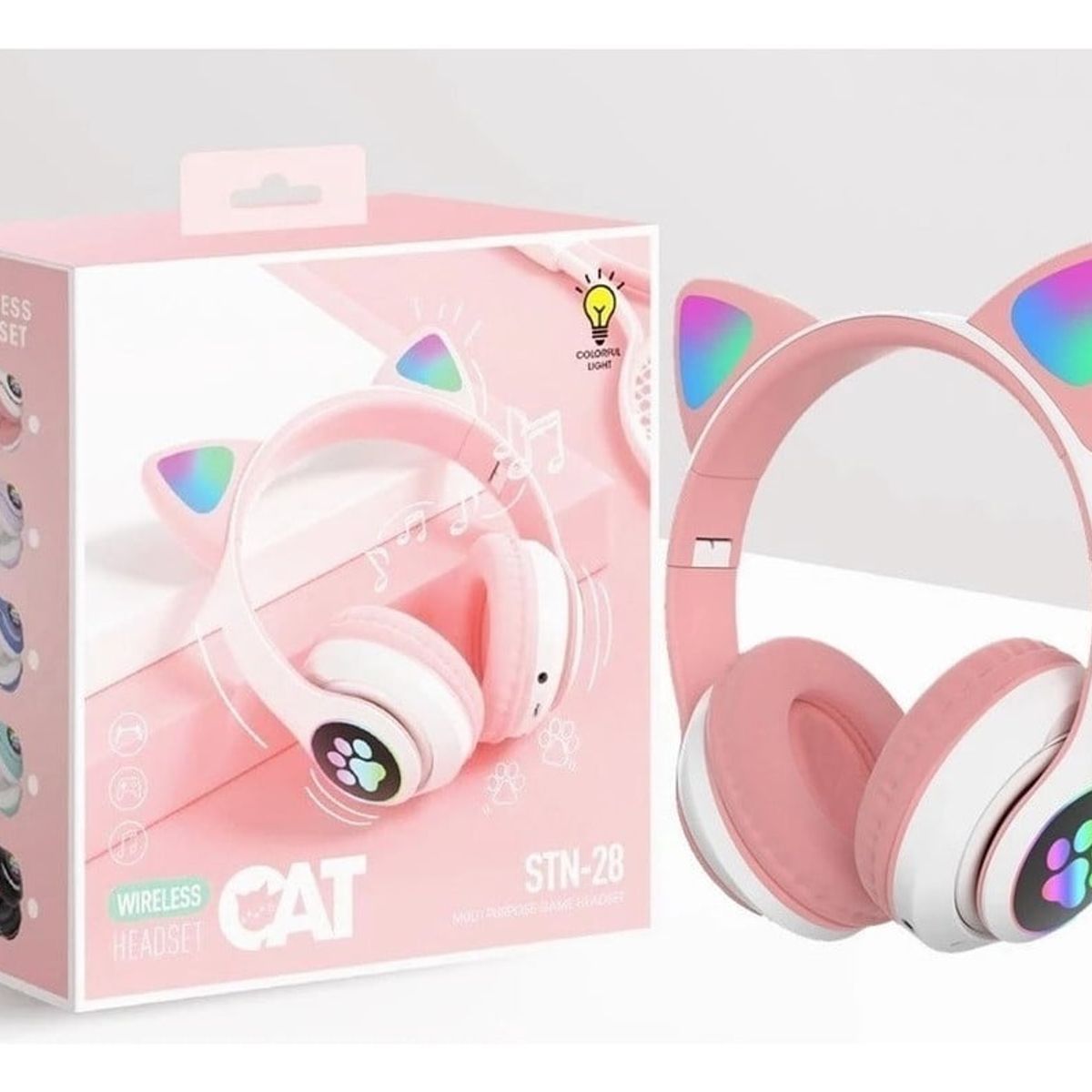 GENERICO - Audífonos Gamer Orejas de Gato Bluetooth Luz LED FM Micro SD Rosado