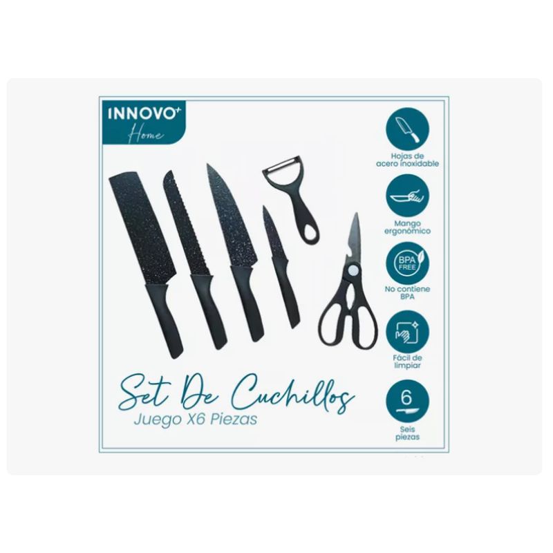 INNOVA - Set De Cuchillos 6 Piezas Kitchen Knife Negro Con Pelador De Papa