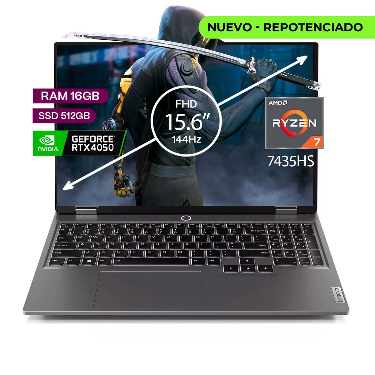 LENOVO - PORTATIL GAMER LENOVO LOQ AMD RYZEN 7 7435hs RAM16GB SSD 512 Gb 15.6 FHD Ips 144hz Rtx 4050 6GB.